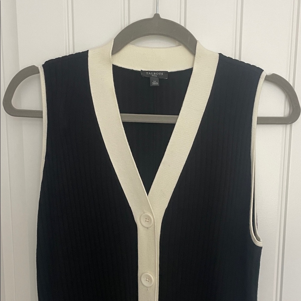 Talbots Women's Black and Cream V-Neck Sweater Dress